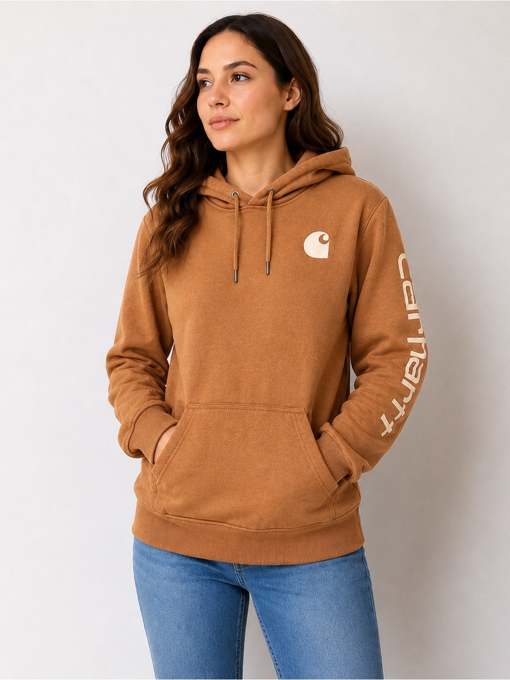 Carhartt Women’s Relaxed Fit Fleece Logo Hoodie Sweatshirt XS Tan/Caramel
